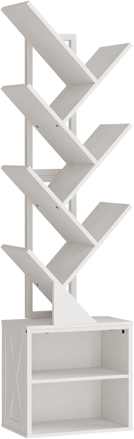 RALGEND Tree Bookshelf, 6 Tier Bookcase with 2 Storage Racks, Free Standing Wooden Bookcase, Floor Standing Book Shelf Organizer for Living Room, Bedroom, Study, Home Office, White