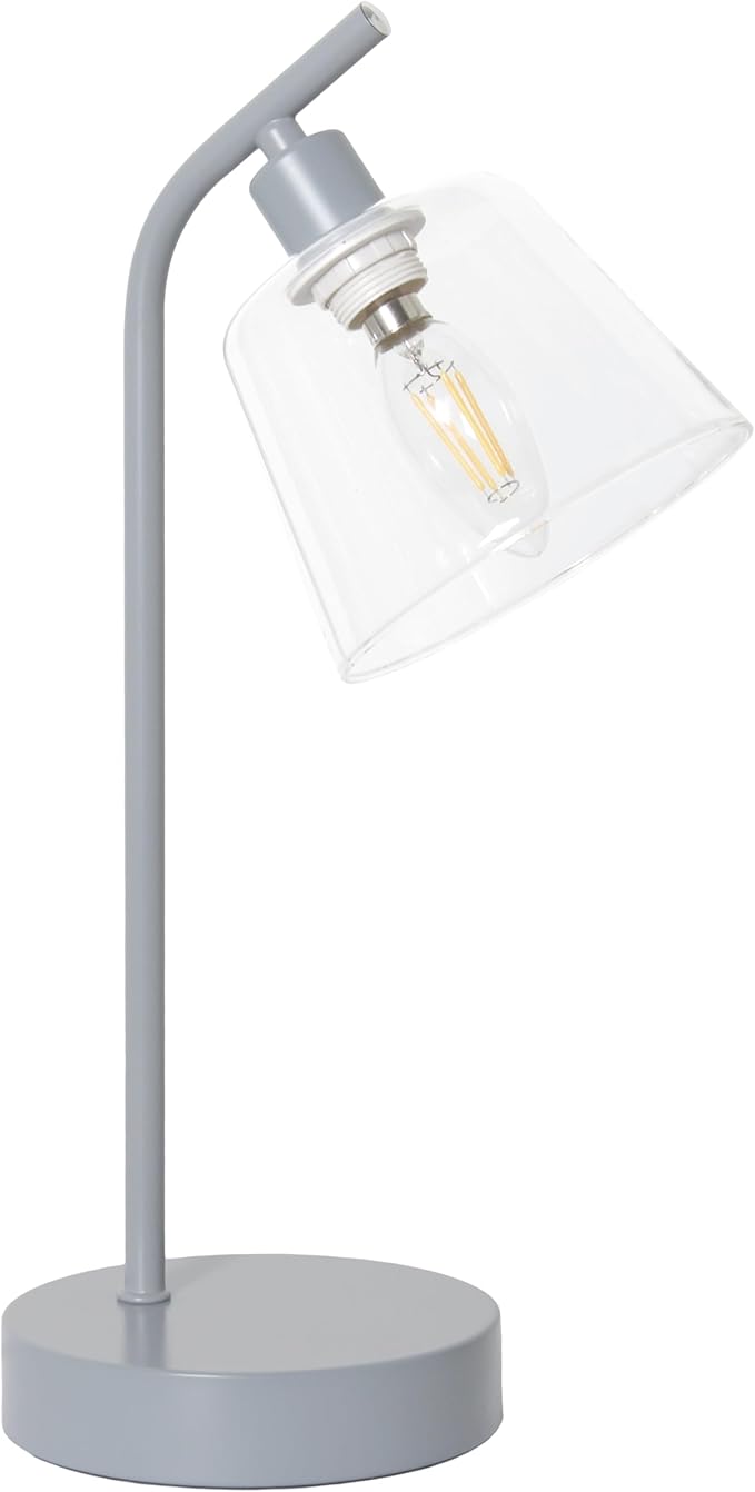 Simple Designs LD1080-GRY 16" Sleek Essentials Modern Industrial Metal Desk Lamp with Clear Glass Shade, for Office, Desk, Nightstand, Dorm, Gray