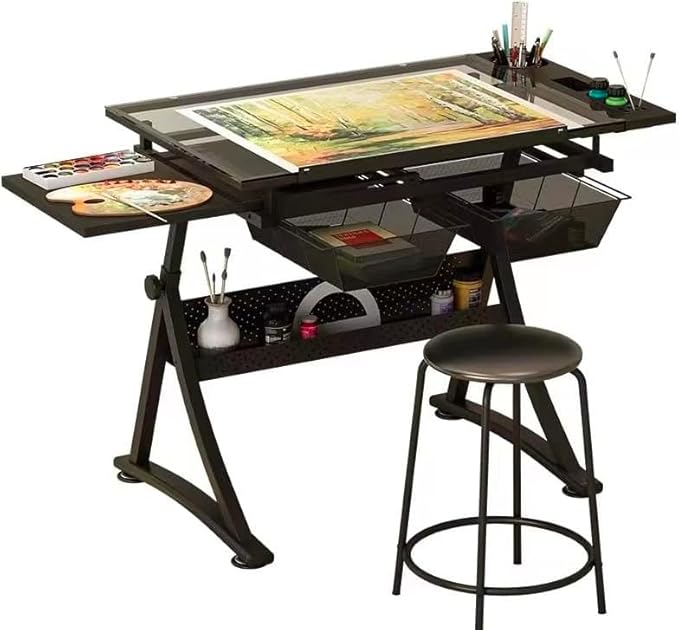 Adjustable Drawing Table for Artists | Drafting Desk with Tilted Glass Top | Art & Craft Table for Adults (Black, Classic Pro-27.16''- 35.82'' H)