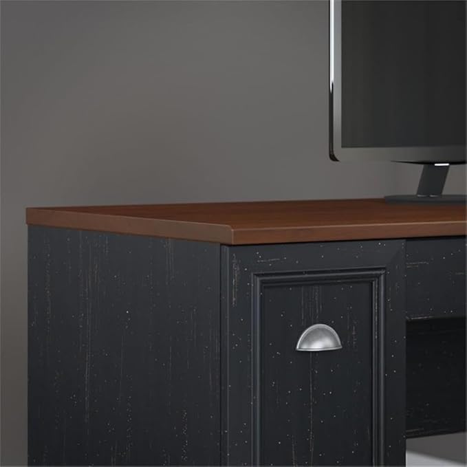 Pemberly Row 2 Piece Office Desk Set, Antique Black Finish, Laminate Over Engineered Wood, L Shaped Desk with Hutch, Storage Shelves, Drawers, Space-Saving Design for Home Office