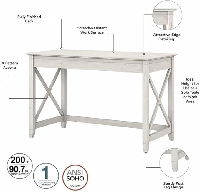 Bush Furniture Key West 48W Writing Desk with 2 Drawer Lateral File Cabinet and 5 Shelf Bookcase in Linen White Oak