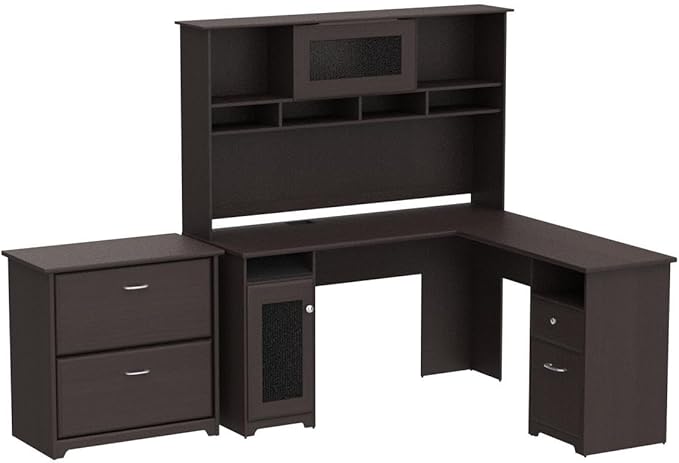 Bush Furniture Cabot 60W L Shaped Desk with Hutch and Lateral File Cabinet in Espresso Oak