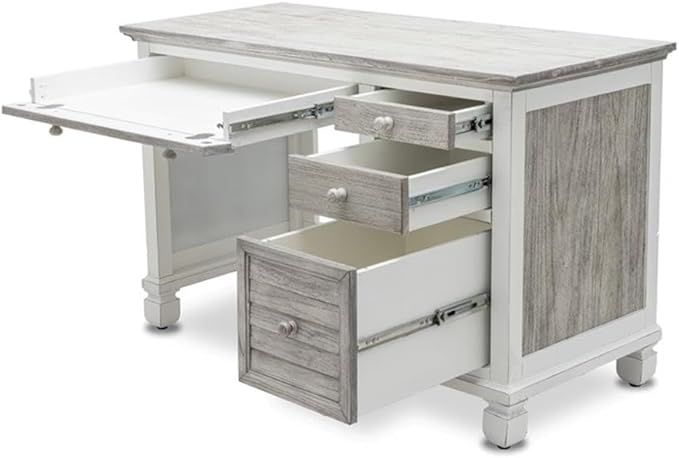 Pemberly Row Coastal Wood Desk & Chair Set, Distressed Gray/White Finish, Solid Mindi Wood, 48" Desk with 4 Drawers, Full-Extension Slides, Hanging File Storage, Home Office Furniture