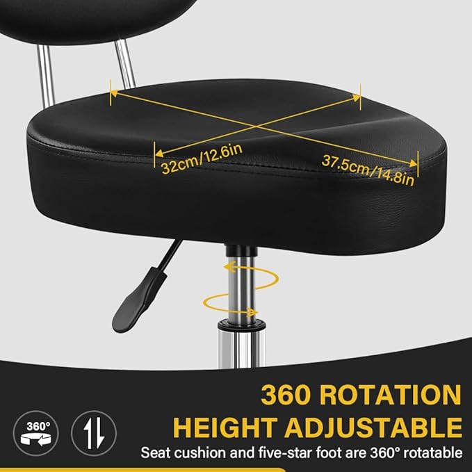 WKWKER Saddle Stool with Back Adjustable Drafting Chair Swivel Rolling Stool with Backrest PU Leather Saddle Chair for Office Lab Drafting Counter Salon Barber Shop Kitchen Front Desk (Black)
