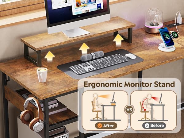 DEVAISE L Shaped Desk with Drawers and Storage, L Shaped Office Desk with Power Outlets, CPU Stand, Monitor Stand, Gaming Table with LED Light, Corner Desk for Home Office (Rustic Brown, 48*31 Inch)