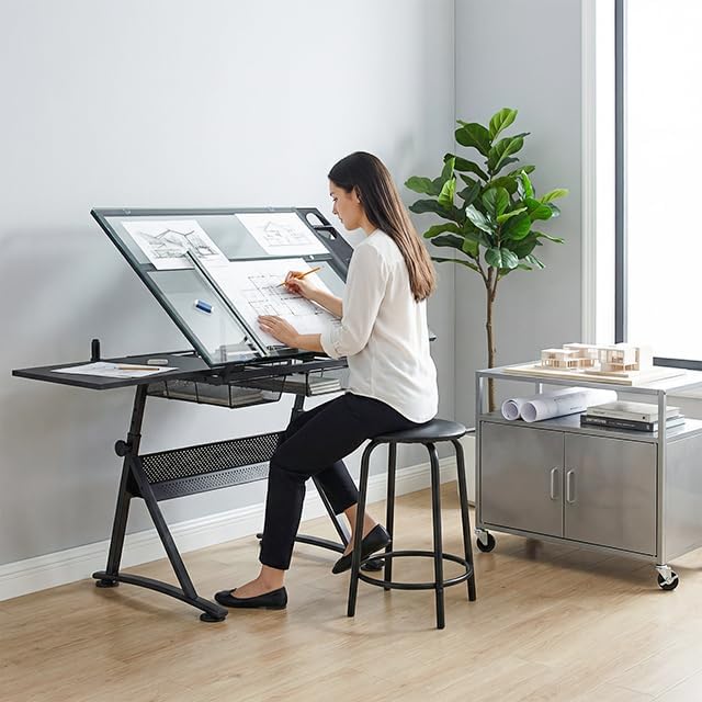 Magshion Professional Drafting Table for Teens w/Stool, Tilting GlassTabletop & Adjustable Height, Art Craft Desk Watercolor Paintings Sketching Work Station for Studio Home Office School (Clear)
