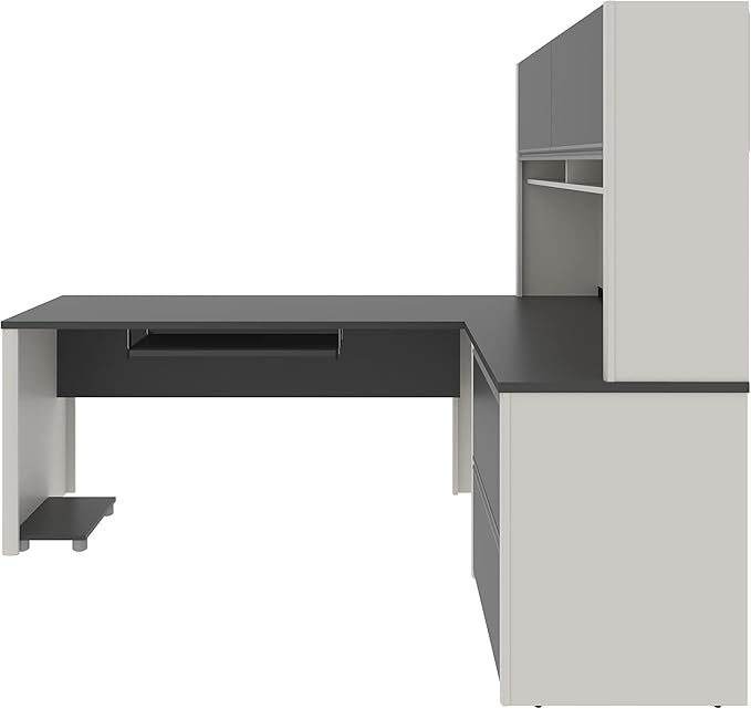 BOWERY HILL L-Shaped Office Desk Set, Sandstone and Slate Finish, Commercial-Grade Work Surface, Melamine Coating, Shock-Resistant Edges, Wire Management, Storage Drawers, Modern Office Furniture