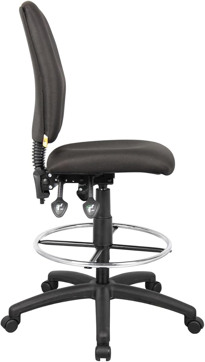 Black Fabric Drafting Stool Adjustable Height Swivel Pneumatic Gas Lift Chrome Footring Nylon Base Rolling Casters High Back Seat Compact Studio Task Seating Professional Workspace Stool