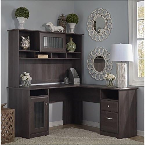 Pemberly Row 60" L-Shaped Wood Desk with Hutch, Heather Gray Finish, Durable Office Desk with Storage Cabinet, Fluted Glass Door, USB Hub, Wire Management, Home Office Workspace