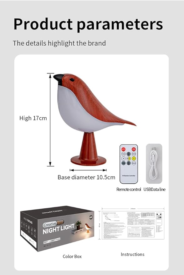 Remote control bird desk lamp in mahogany color, rechargeable small desk lamp with 3 color temperatures, remote control and touch sensor, capable of playing bird calls, built-in battery drive