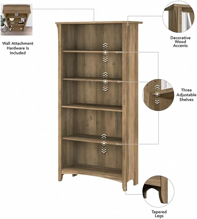 Pemberly Row Office Set, Desk with Hutch, Storage Cabinet & 5-Shelf Bookcase, Engineered Wood, Reclaimed Pine Finish, Compact Workspace Furniture for Home Office