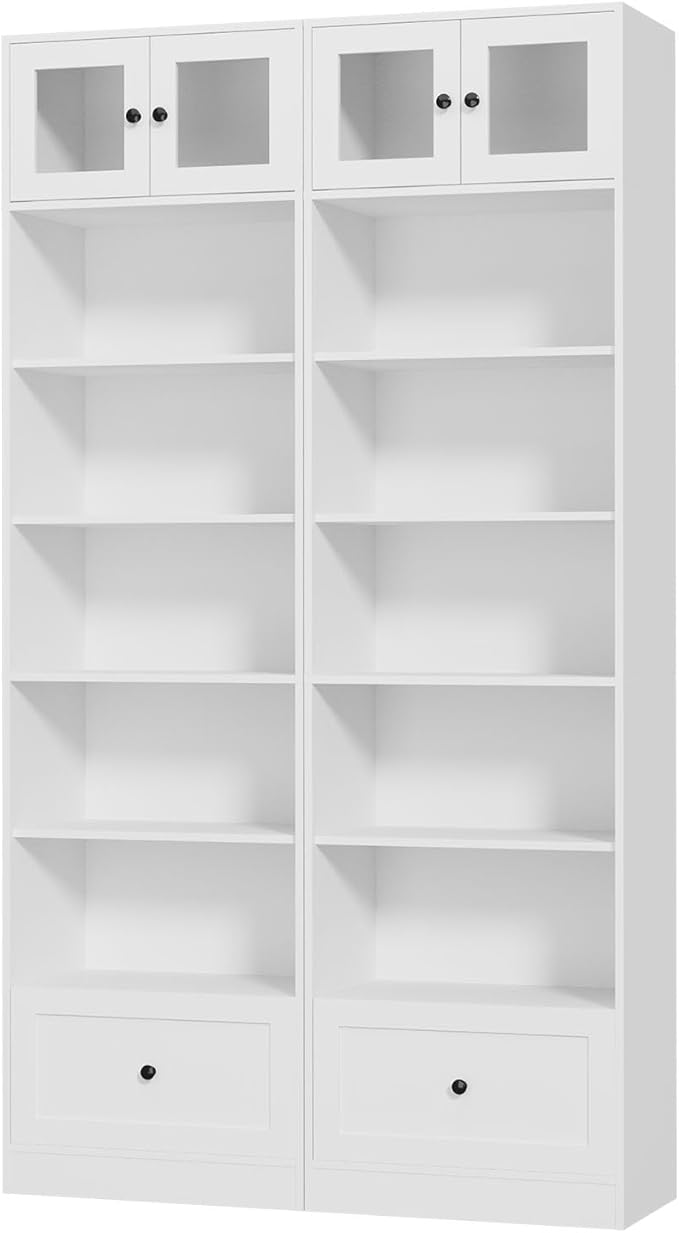 TUSY 85.5 Inch Tall Bookshelf with Doors - 7 Tier Bookcase with Glass Doors and Drawer, 23.6" Wide Storage Cabinet with Open Shelves for Living Room, White Book Shelf for Home Office, Study (BB)