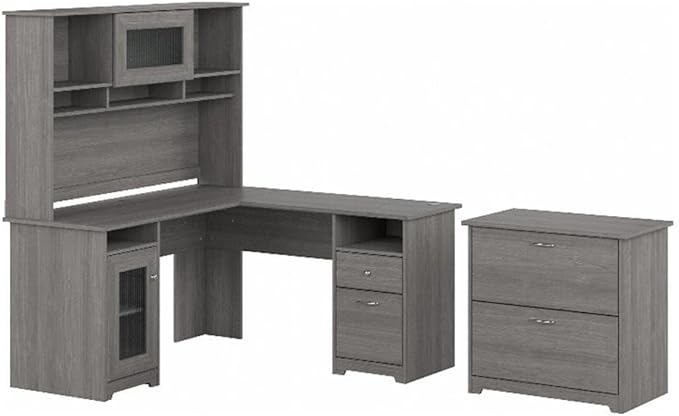 Pemberly Row L Shaped Desk with Hutch and File Cabinet, Modern Gray Engineered Wood, 60W, Built-in Wire Management, Fluted Glass Door, Adjustable Shelves, Home Office Furniture Set