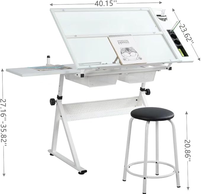White Drafting Table Desk w/Stool, Painting Table Art Craft Desk Crafting Table with Tilting Tempered Glass Top, 2 Storage Drawers, Height Adjustable