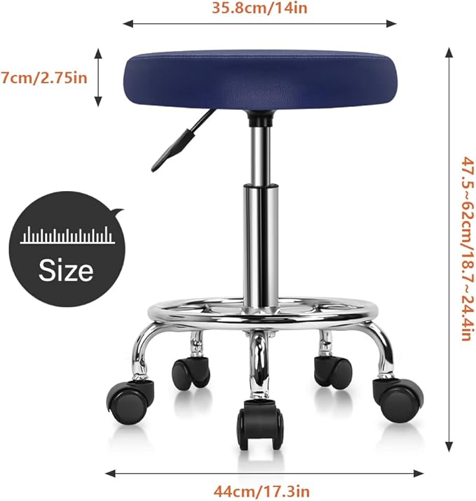 KKTONER PU Leather Round Rolling Stool with Foot Rest Swivel Height Adjustment Spa Drafting Salon Tattoo Work Office Massage Stools Task Chair Cushion 14 inches (Blue)