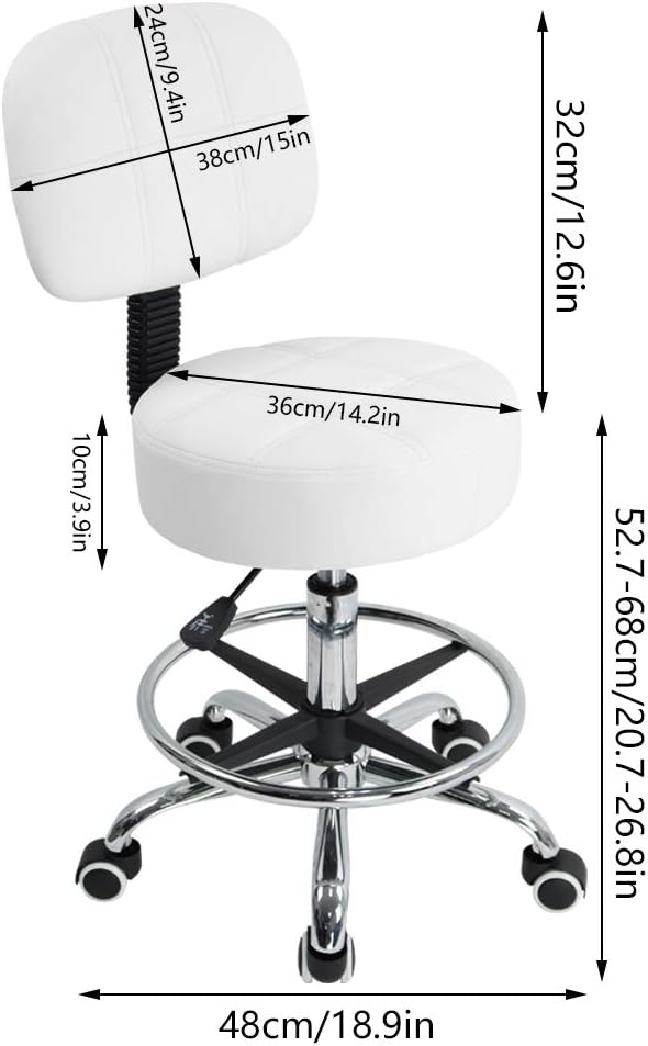 KKTONER Swivel Round Rolling Stool PU Leather with Adjustable Foot Rest Height Adjustable Task Work Drafting Chair with Back(White)