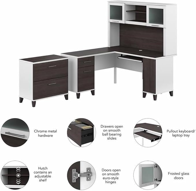 Bush Furniture Somerset 60W L Shaped Desk with Hutch and Lateral File Cabinet in White and Storm Gray