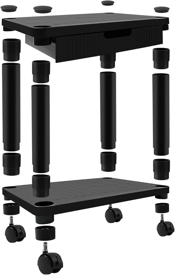 Under Desk Printer Stand with Wheels, Rolling Printer Cart with Lockable Wheels, 2-Tier Printer Table with Storage Drawer for Home&Office (Black)
