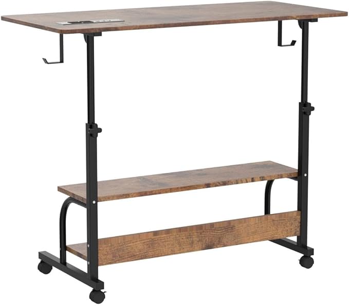 Armocity Rolling Standing Desk with Power Outlets, 39" Manual Height Adjustable Mobile Computer Desk with Wheels, Small Portable Sit Stand Laptop Couch Table for Bed & Sofa Home Office, Rustic Brown