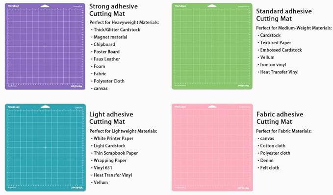WORKLION Cutting Mat 12x12 Compatible with Maker/Maker 3/Maker 4/Air 2/Explore 3/4, Variety Sticky（Standard,Light,Strong) Vinyl Mat(6Pack)