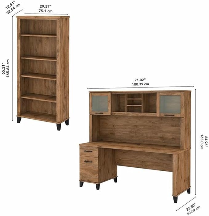 Pemberly Row 72W Desk with Hutch and Bookcase, Fresh Walnut Engineered Wood, Frosted Glass Doors, Adjustable and Fixed Shelves, Wire Management, Home Office Furniture Set