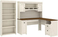 Pemberly Row 3 Piece Office Set, Antique White Finish, Includes L Shaped Desk with Hutch and 5 Shelf Bookcase, Laminate Over Engineered Wood, Space-Saving Corner Design, Adjustable Storage Shelves,