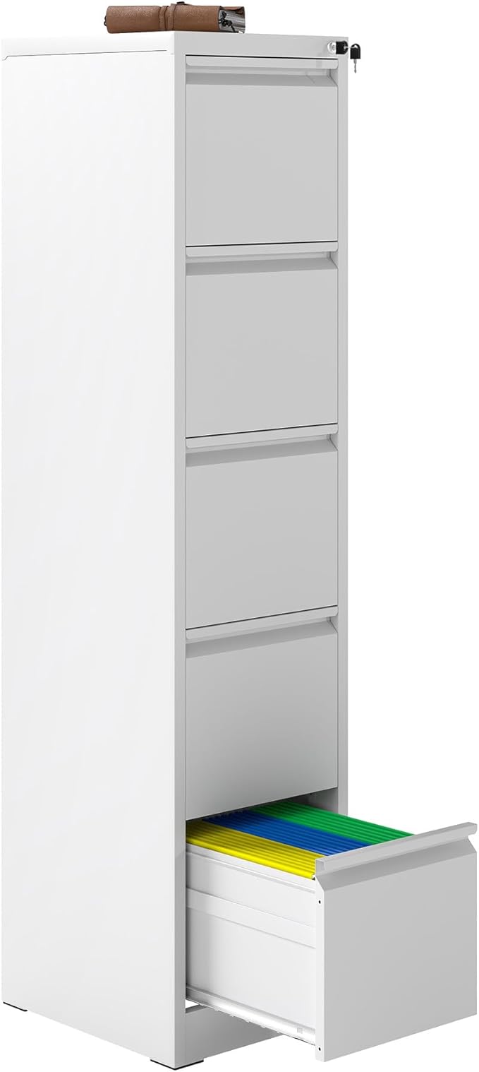 5 Drawer File Cabinet with Lock, Vertical Filing Cabinets for Home Office, Metal Storage Cabinets, Heavy Duty File Cabinet for Letter/Legal/A4/F4 Size Amsseble Required, White