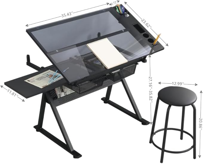 Adjustable Drawing Table for Artists | Drafting Desk with Tilted Glass Top | Art & Craft Table for Adults (Black, Classic Pro-27.16''- 35.82'' H)