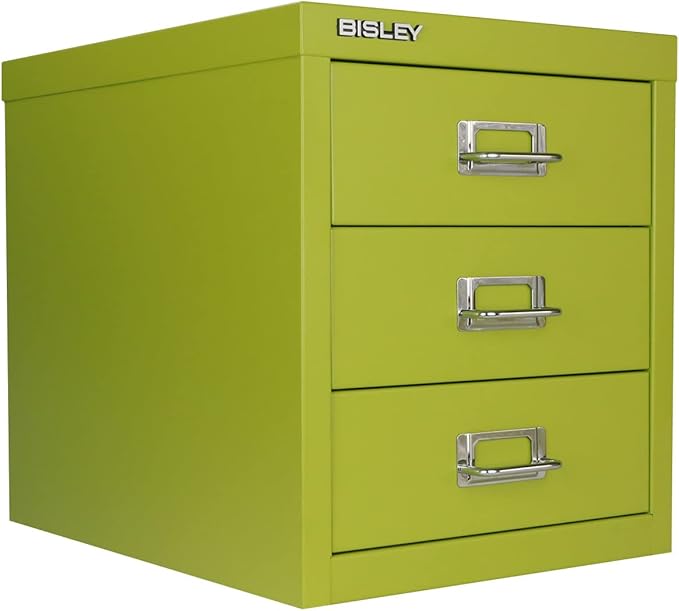 3-Drawer Steel MultiDrawer Cabinet - Bisley Green, Chrome Pull Handles with Label Holders, Powder-Coated Steel, Removable Drawers, Desktop Storage, Labels Included by Bisley