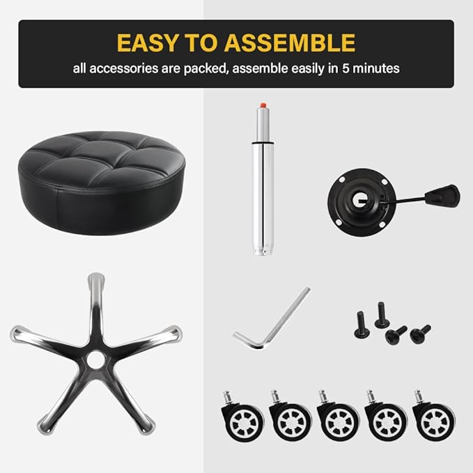 WKWKER Heavy Duty Rolling Stool with Wheels Hydraulic Lift 360 Swivel Adjustable Rolling Chair Thick Leather Ergonomic Seat Stool Chair for Kitchen Drafting Lab Office Salon Massage Black