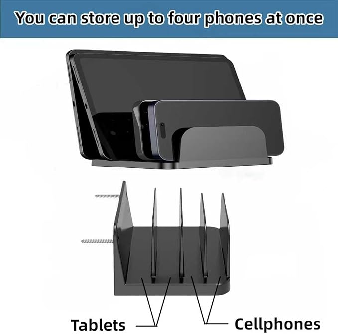 Wall Mounted Mobile Phone Storage Manager, Capable of Accommodating up to Four Phones or Tablets at a time, Compatible with Tablets, ipads, Kindle Wall Mounted Storage Racks. (Black)