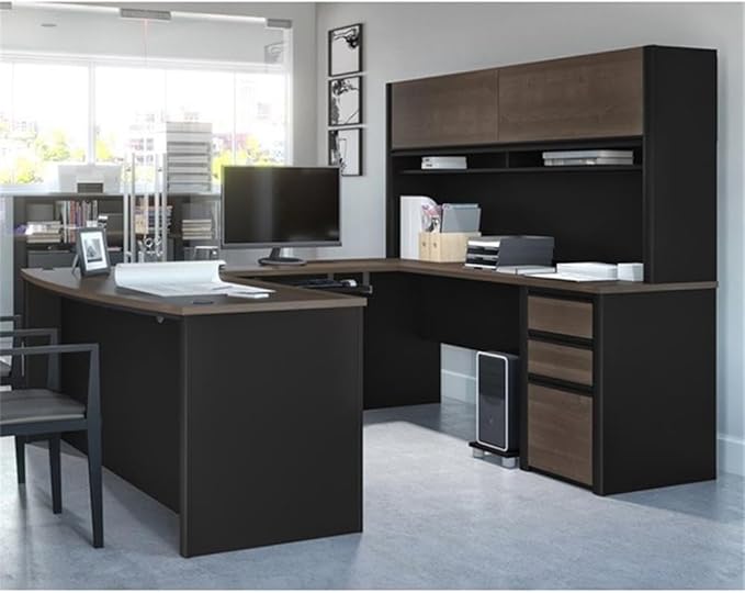 Atlin Designs Contemporary U-Shaped Wood Computer Desk with Hutch, Black Finish, 65.9" H x 71.1" W x 92.6" D, 3 Drawers, 2 Doors, 2 Shelves, Reversible Office Workstation with Wire Management