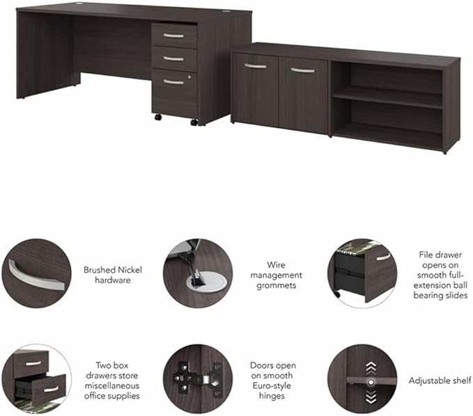 BOWERY HILL Engineered Wood 72W Office Desk Set, Storm Gray Finish, Includes Desk, Storage Credenza, Mobile File Cabinet with Drawers, Wire Management, Adjustable Shelves, Ideal for Home or Business