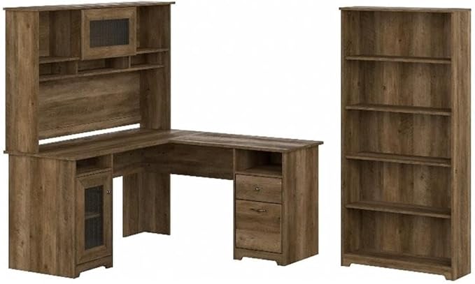 UrbanPro Engineered Wood L Shaped Desk with Hutch and 5 Shelf Bookcase, Reclaimed Pine Finish, 60W Corner Office Desk Set with Storage Cabinet, Adjustable Shelves, File Drawer, Wire Management