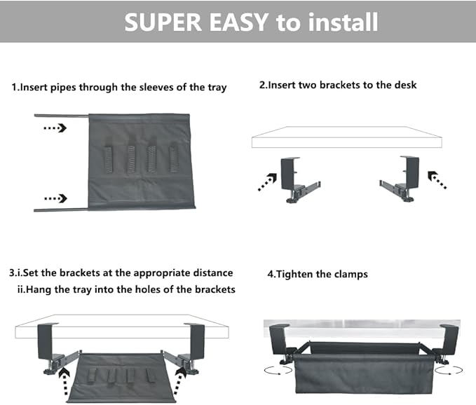 Under Desk Cable Management Tray, 31.5" Cord Organizer for Desk, No Drill,Clamp Mount Fabric Cable Management Tray for Office, Home(Black)