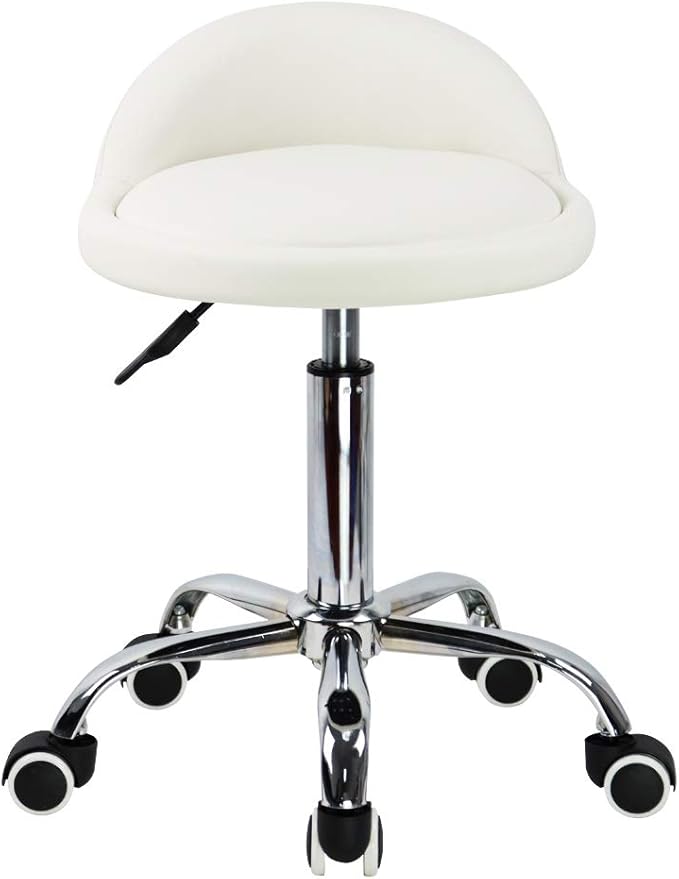 KKTONER PU Leather Round Rolling Stool with Back Rest Height Adjustable Swivel Drafting Work SPA Task Chair with Wheels (White)