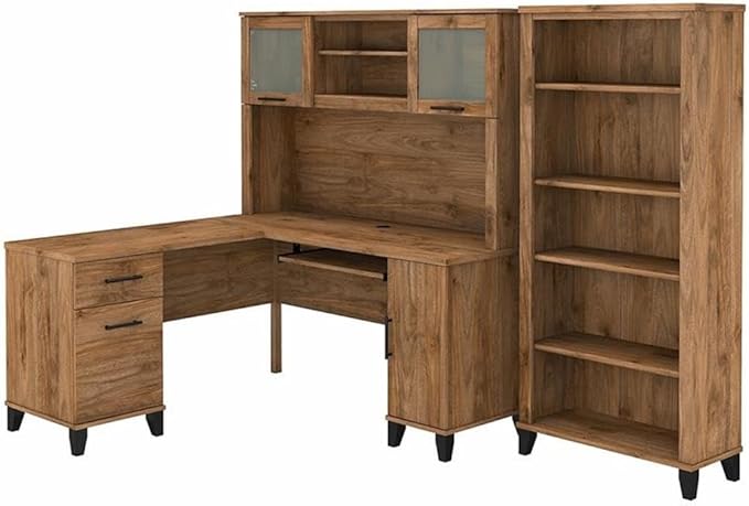 Pemberly Row 60W L Shaped Desk with Hutch and Bookcase, Engineered Wood, Fresh Walnut Finish, Wire Management, Frosted Glass Doors, Adjustable Shelves, Home Office Furniture Set
