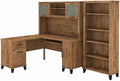 Pemberly Row 60W L Shaped Desk with Hutch and Bookcase, Engineered Wood, Fresh Walnut Finish, Wire Management, Frosted Glass Doors, Adjustable Shelves, Home Office Furniture Set