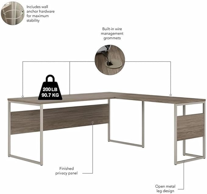 Bush Business Furniture Hybrid L Shaped Table Desk with Mobile File Cabinet, 72W x 30D, Modern Hickory