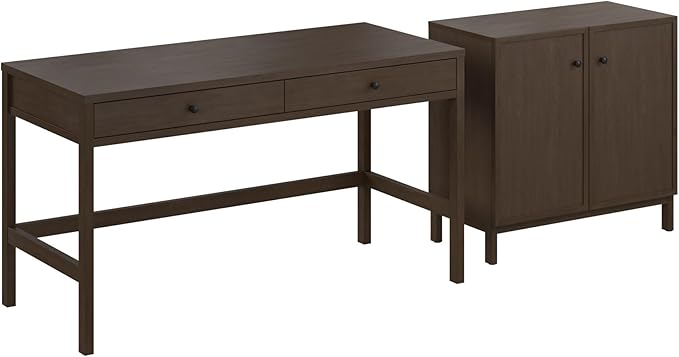 Bush Home 54-Inch Writing Desk with 2 Door Low Storage Cabinet, Computer Study Laptop Table Workstation, Drawers and Adjustable Shelves, Home Office Furniture Set, Avery Collection, Chocolate Birch