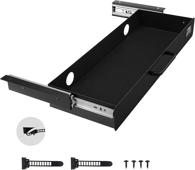 VEVOR Under Desk Drawer Slide Out, 22 inch Under Desk Mounted Pull-out Drawer Attachment, Hidden Under Counter Drawers for office Home Sit Stand Workstation, Black