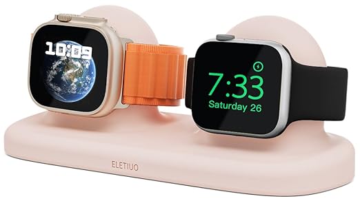 ELETIUO Dual Charger Stand Compatible with Apple Watch Series 49/46/45/44/42/41/40/38mm iWatch Ultra2/Ultra/10/9/8/SE2/7/6/SE/5/4/3/2/1,Silicone Dock Organizer Supports Night Stand Mode,Pink