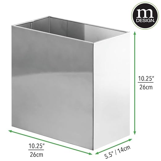 mDesign Small Steel Rectangular 2.4 Gallon/9.1 Liter Trash Can, Waste Basket for Bathroom, Bedroom, Home Office - Holds Garbage, Recycling, Household Items - Linn Collection - Chrome