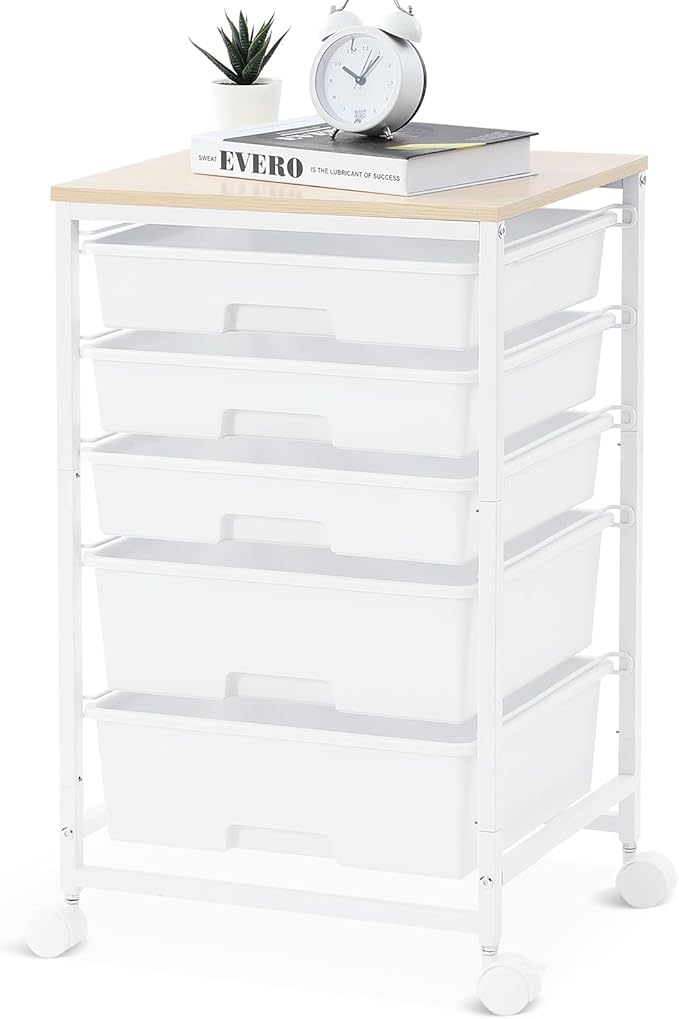 SYKIARIOL Utility Cart with 5 Drawers,Storage Drawer Cart with Wooden Tabletop and Lockable Wheels,Craft Storage Trolley Cart,5-Tier Rolling Utility Cart on Wheels,Bright White