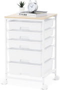 SYKIARIOL Utility Cart with 5 Drawers,Storage Drawer Cart with Wooden Tabletop and Lockable Wheels,Craft Storage Trolley Cart,5-Tier Rolling Utility Cart on Wheels,Bright White