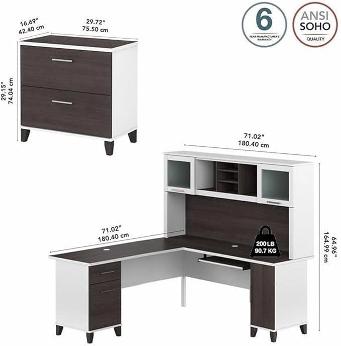 Bush Home Somerset 72W L Shaped Desk with Hutch and Lateral File Cabinet in White and Storm Gray
