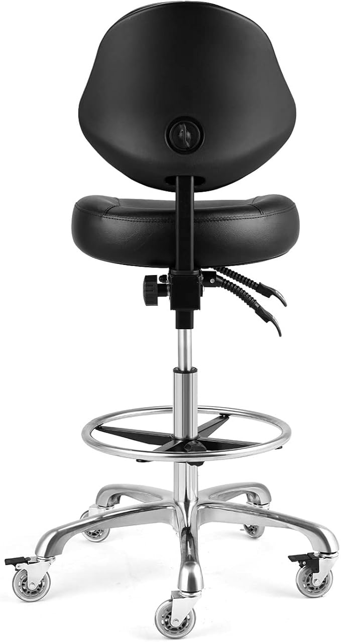 Rolling Drafting Chair with Back Support - Tall Office Chair for Standing Desk Adjustable Foot Ring Swivel Rolling Stools for Workshop Art Studio Salon Shop Counter Home Office (Black)