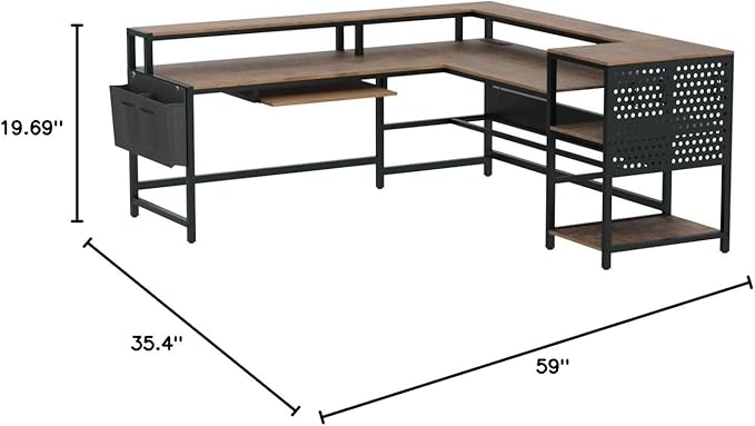 SEDETA L Shaped Computer Desk, Reversible Computer Desks, L Shaped Desk with Power Outlets & LED Strip, Monitor Shelf, Keyboard Tray, Pegboard and Storage Shelves for Home Office, Rustic Brown