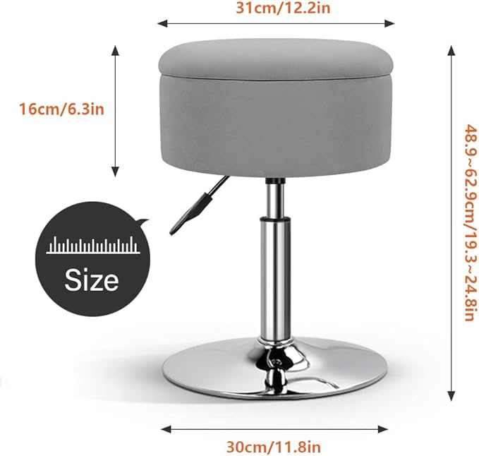 KKTONER Velvet Round Vanity Stool with Storage Height Adjustable Makeup Chair with Swivel Base Non-Slip Small Vanity Stool for Spa Salon Dressing Room Bedroom (Gray)