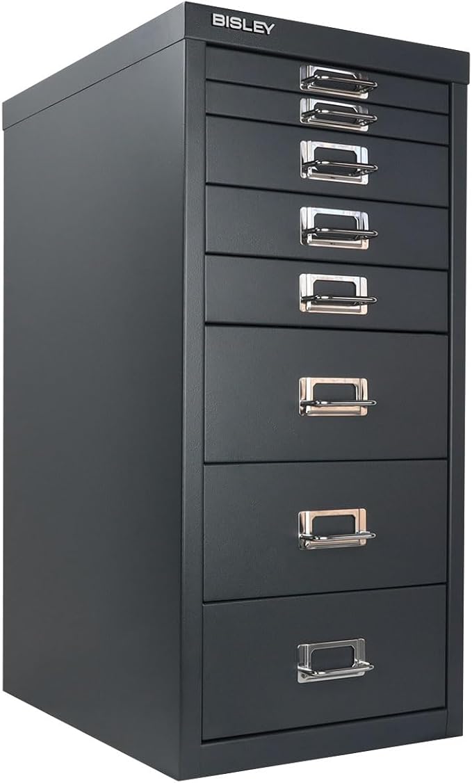 Bisley 8-Drawer Steel MultiDrawer Cabinet - Anthracite Grey, Chrome Pull Handles with Label Holders, Powder-Coated Steel, Removable Drawers, Fits Under Most Desks, Labels Included